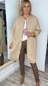 Beige Long Bomber Jacket